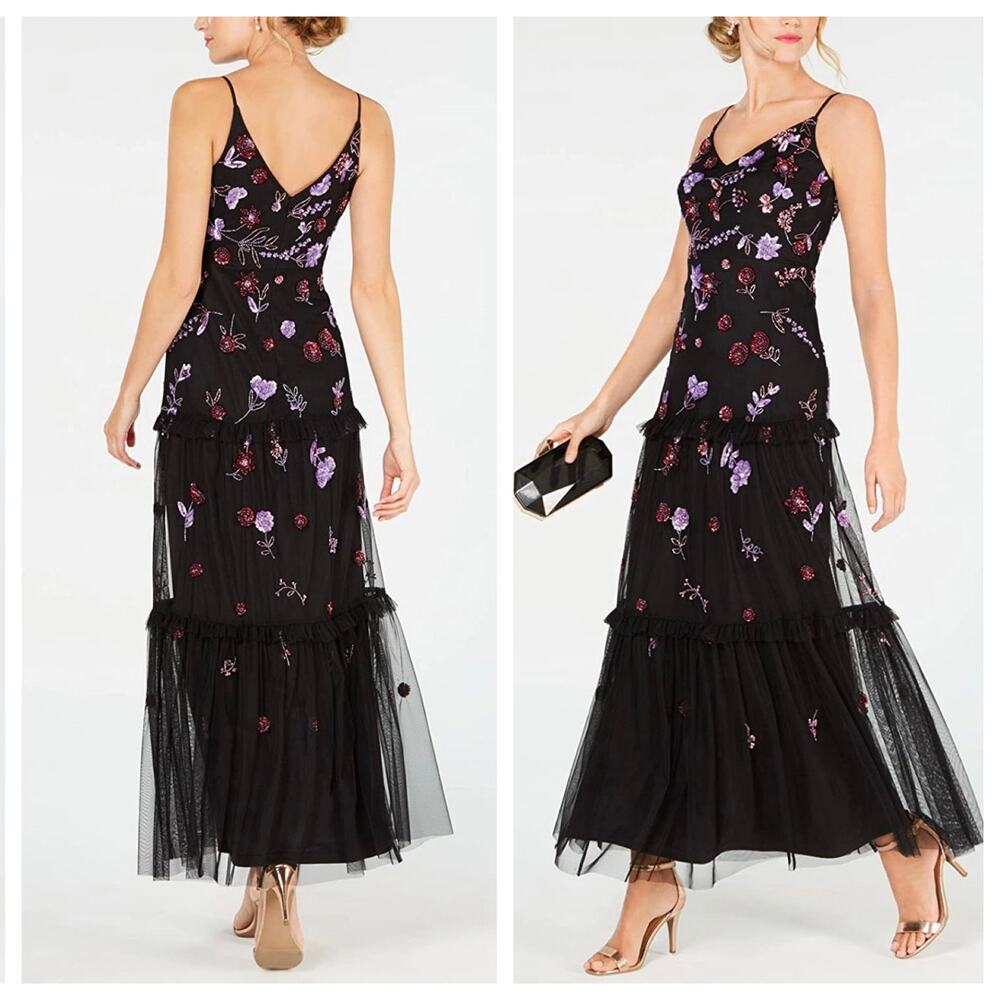 ADRIANNA PAPELL Embroidered Purple Beaded Floral Maxi Gown Dress – US 14 / Large